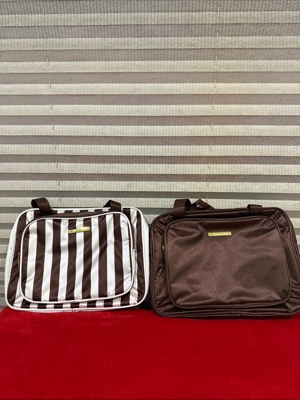 Travel Cosmetic Organizer Bag Set Of 2- Brown and Striped Brown & White.